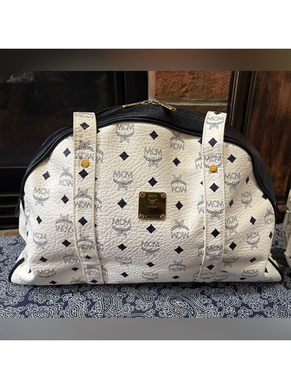 MCM Visetos Monogram Boston Bag / Satchel - White & Black - Picture 2 of 9